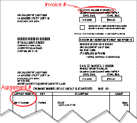 Image of a example invoice showing where to find invoice number and agreement number.